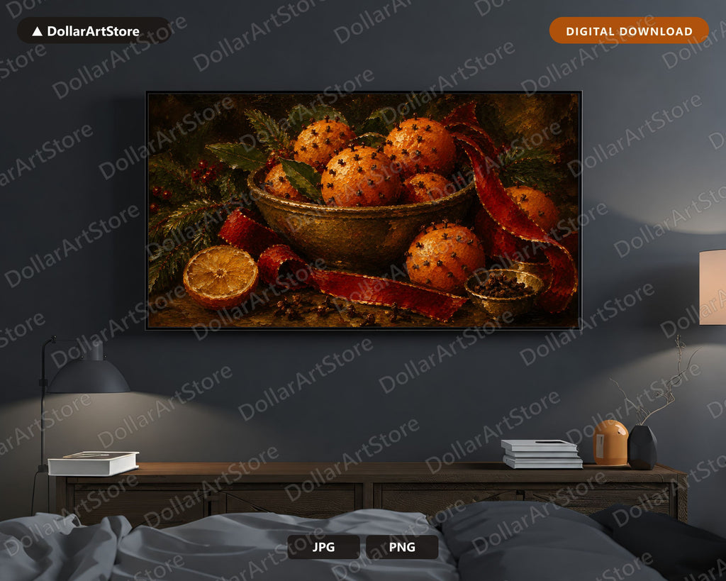 Cozy Holiday Frame TV Art, Christmas Oranges & Cloves Samsung TV Digital Download, 4K Textured Festive Screensaver Art