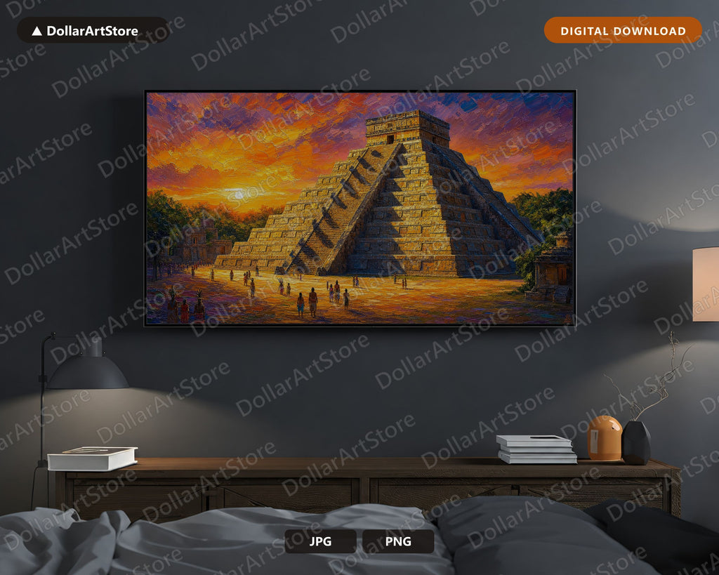 Aztec Pyramid Sunset Frame TV Art, Textured Landscape 4K Digital Download, Samsung Frame TV Screensaver