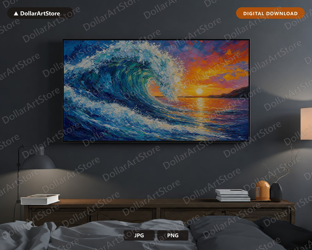 Cozy Coastal Wave Frame TV Art, Samsung Frame TV Digital Download, 4K Textured Ocean Sunset