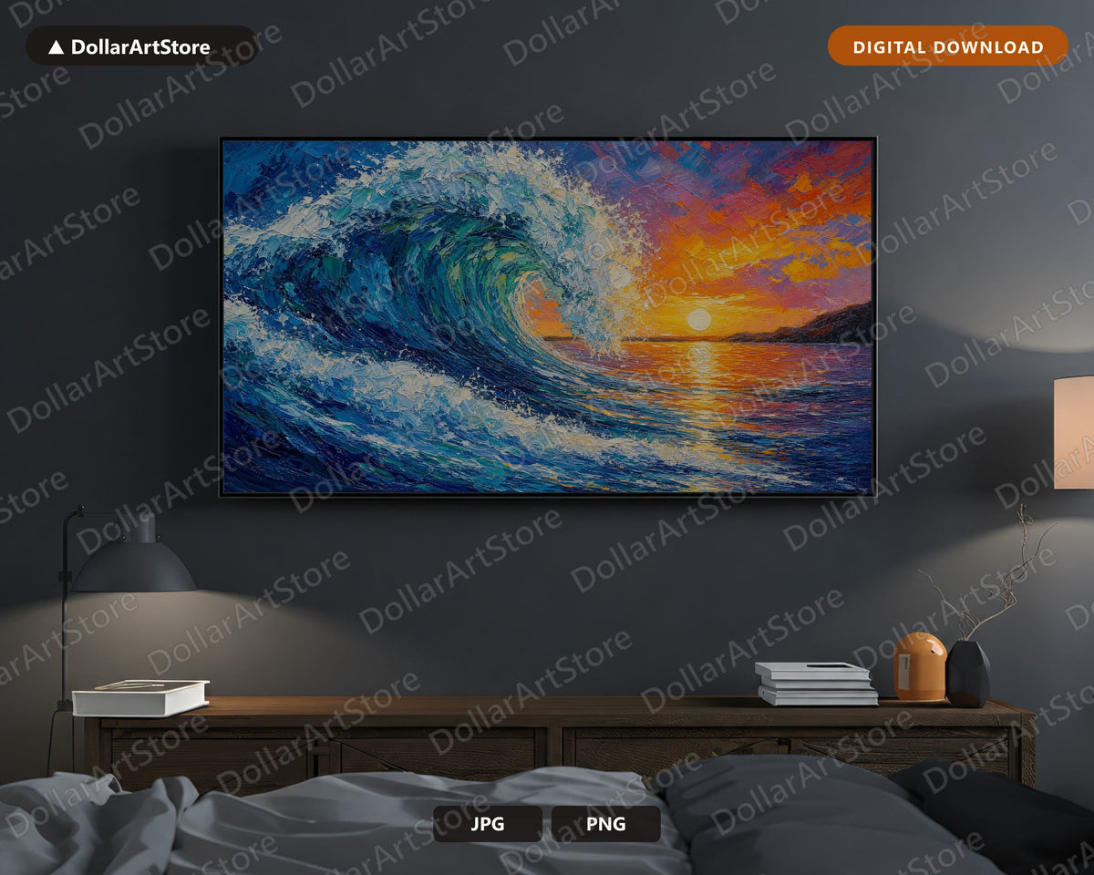 Cozy Coastal Wave Frame TV Art, Samsung Frame TV Digital Download, 4K Textured Ocean Sunset