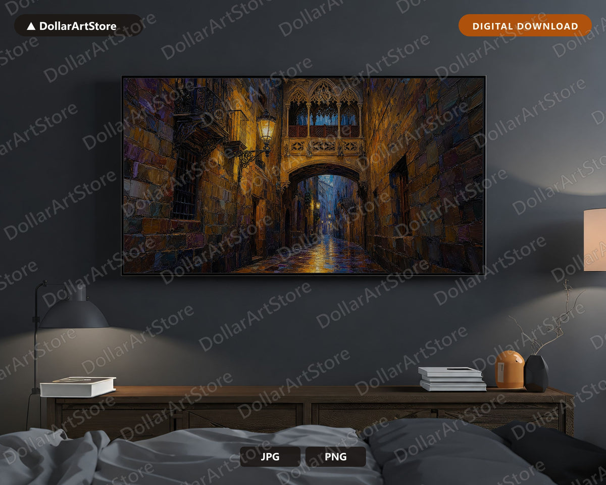 Moody Gothic Alley Frame TV Art, Barcelona Street Samsung Frame Digital Download, Dark Textured 4K TV Screensaver