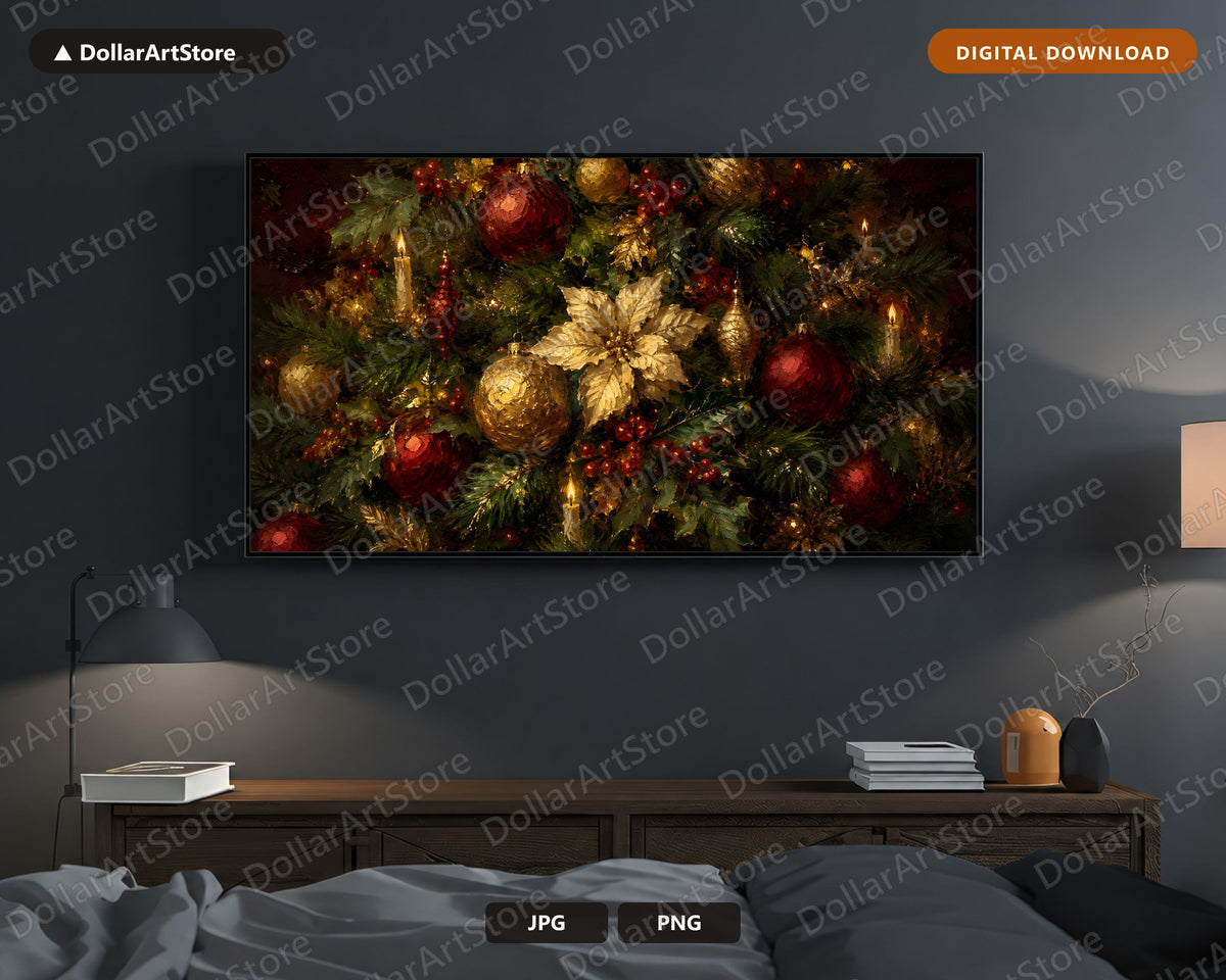 Cozy Holiday Frame TV Art, Christmas Ornaments & Florals