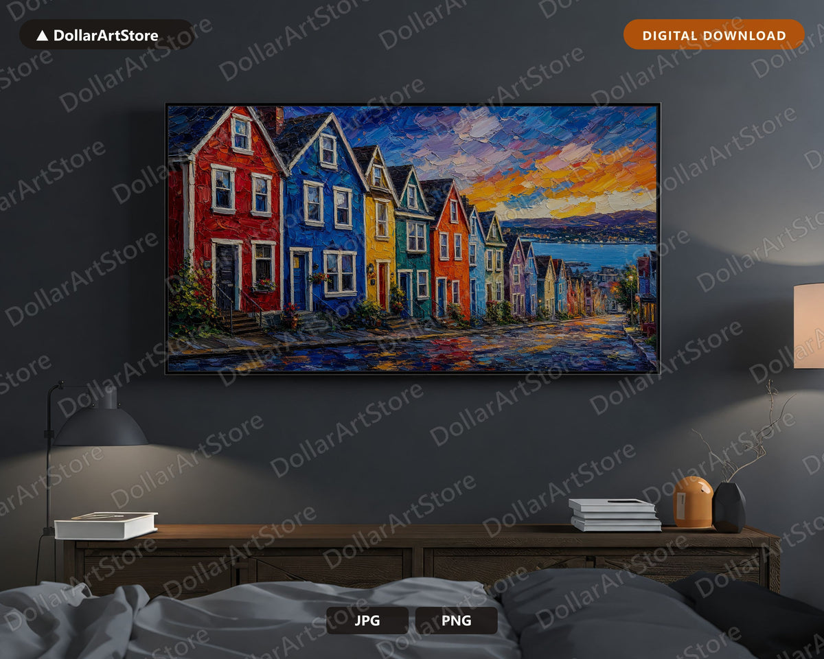Cozy Colorful Coastal Village Frame TV Art, Samsung Frame TV Digital Download 4K