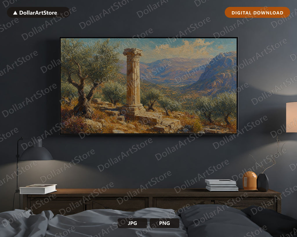 Cozy Scenic Frame TV Art, Ancient Greek Temple Ruins, Samsung Frame TV Digital Download, 4K Textured Landscape Screensaver