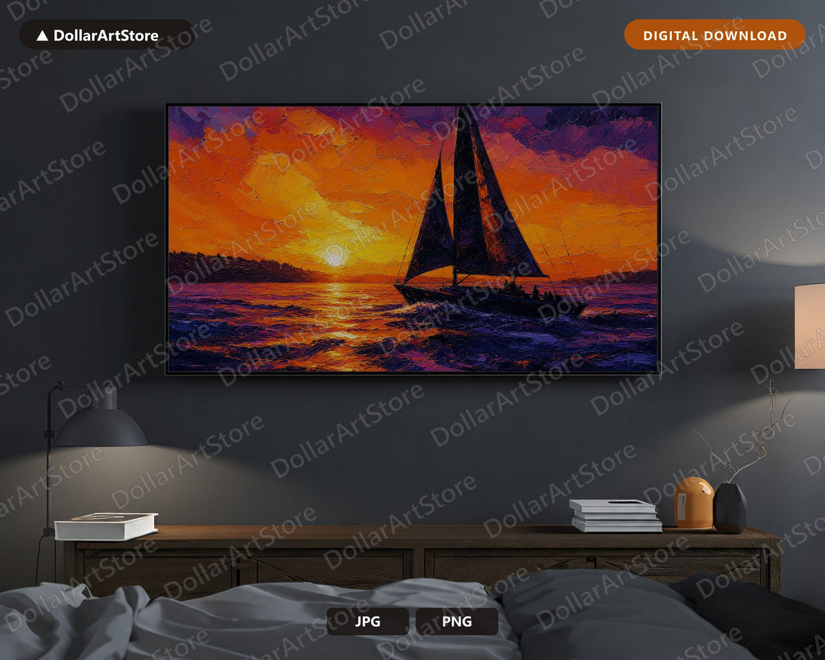Textured Sailboat Sunset Samsung Frame TV Art | Digital Download