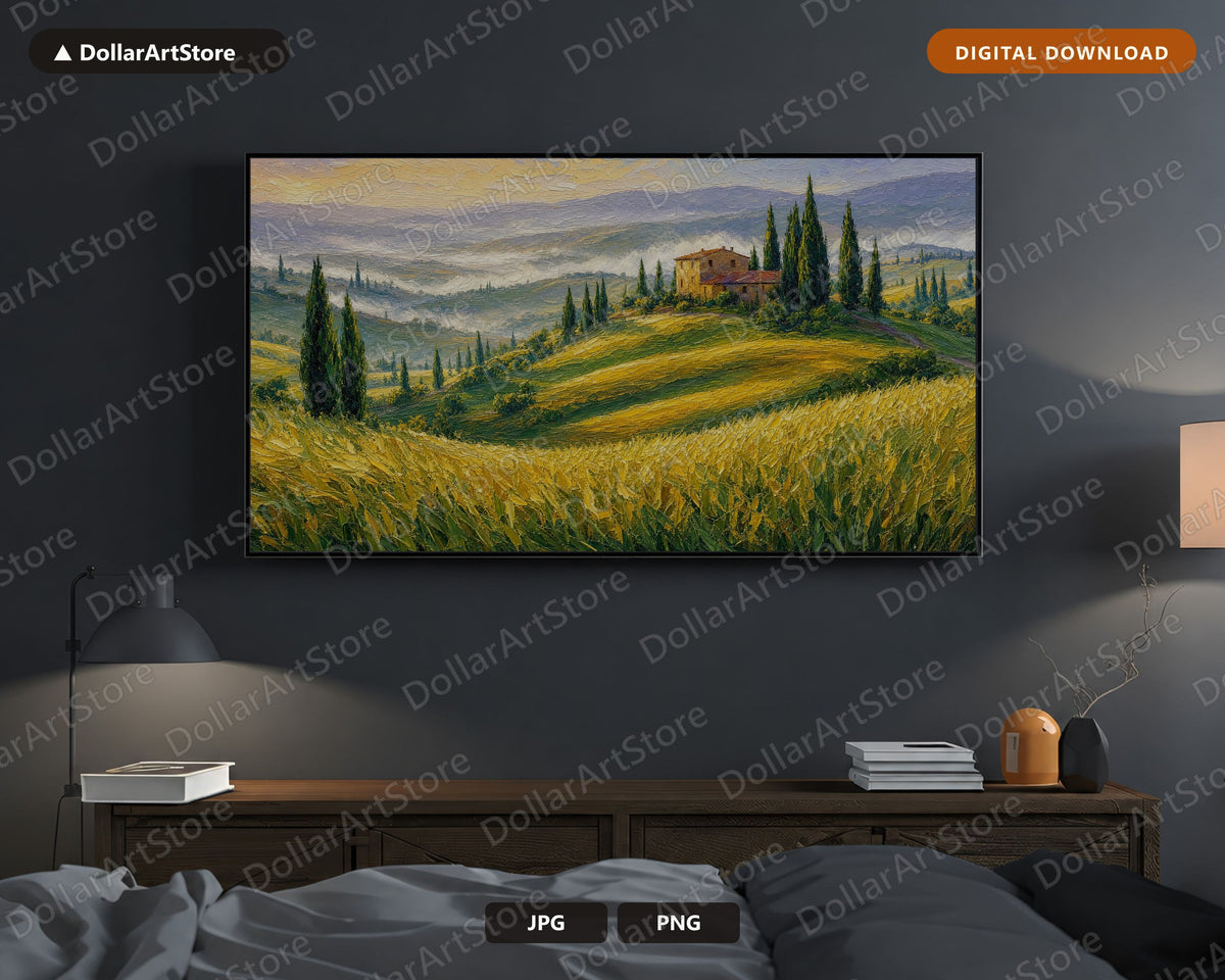 Cozy Tuscan Landscape Frame TV Art, Samsung Frame TV Digital Download, 4K Textured Cypress Hills Screensaver