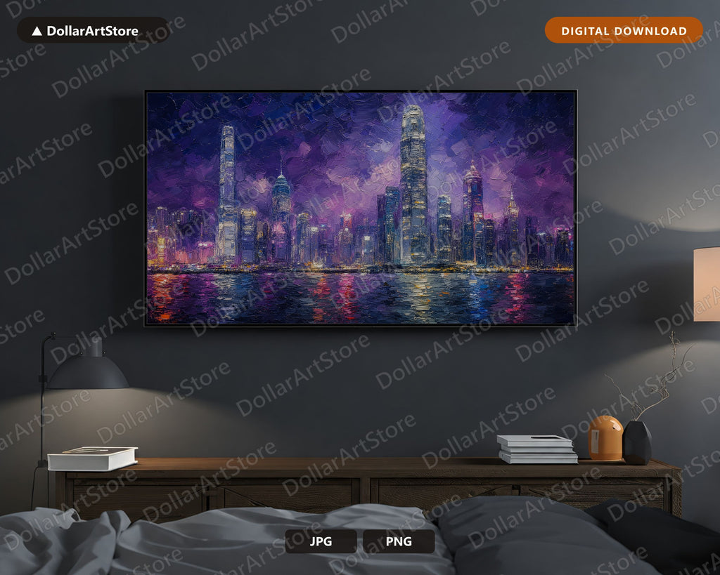 Cozy Purple City Skyline Frame TV Art, Samsung Frame TV Digital Download, 4K Textured Urban Screensaver Art