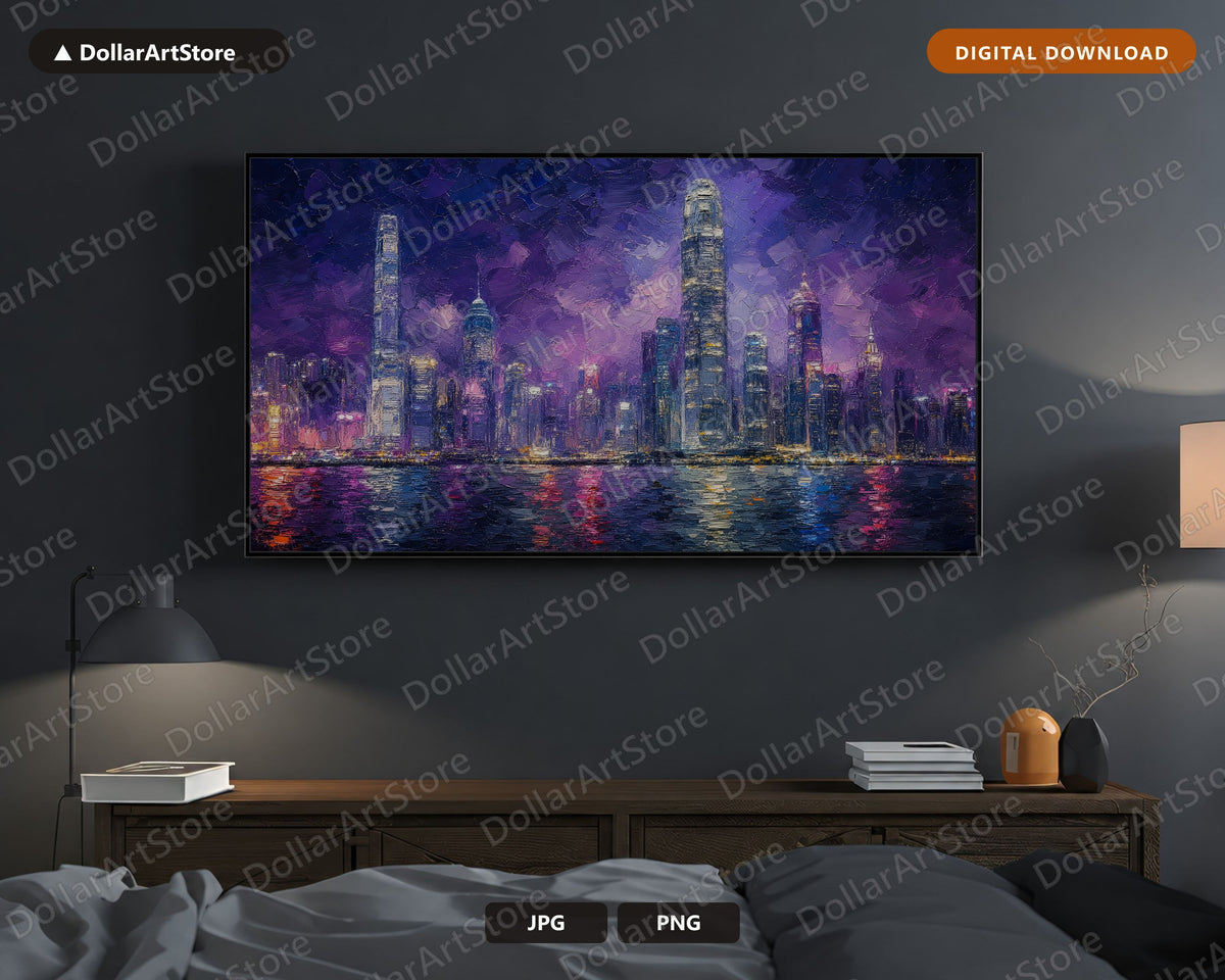 Cozy Purple City Skyline Frame TV Art, Samsung Frame TV Digital Download, 4K Textured Urban Screensaver Art