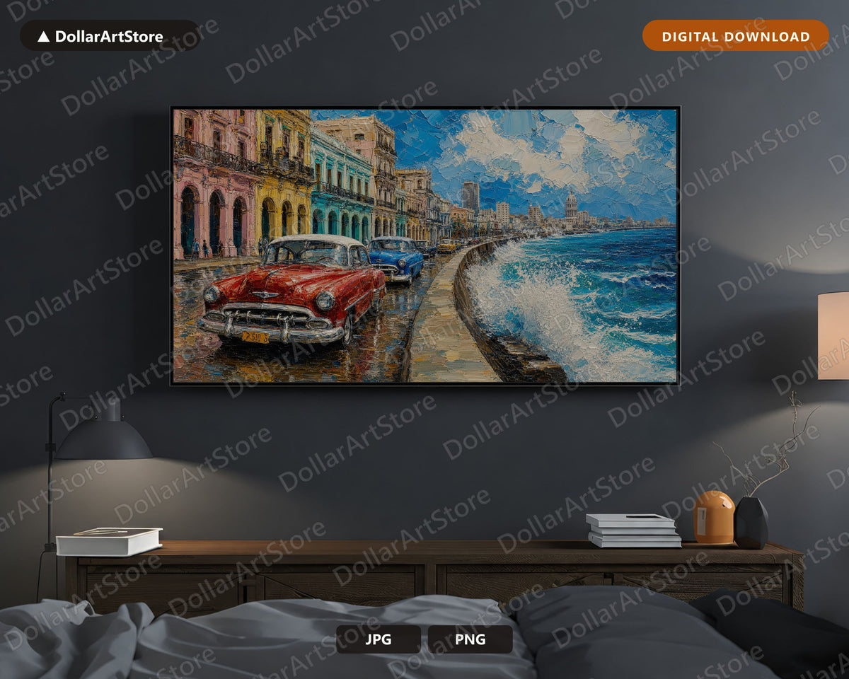 Cozy Havana Street Scene Frame TV Art, Samsung Frame TV Digital Download, 4K Textured Scenery