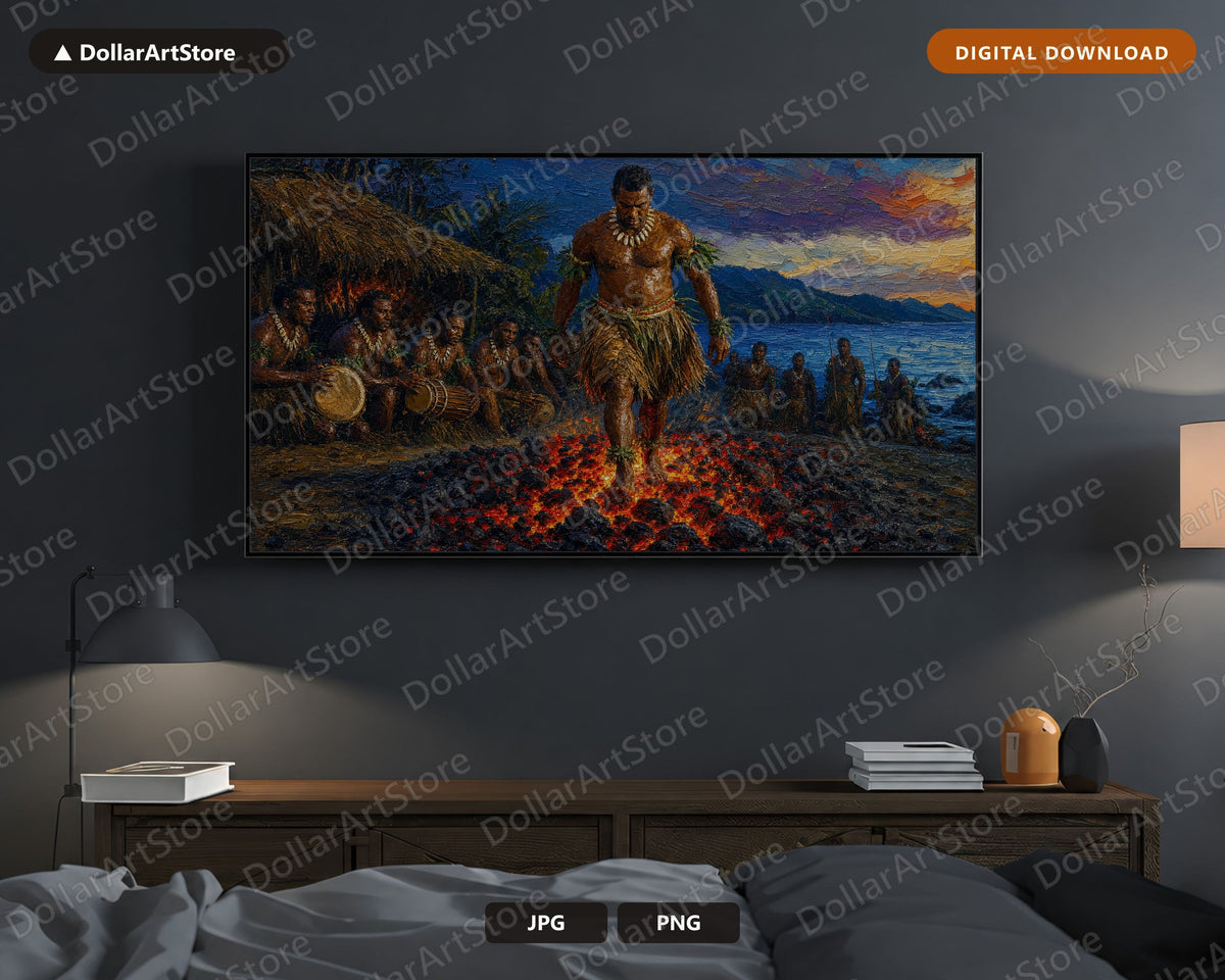 Intense Textured Frame TV Art, Fiji Fire-Walking Ceremony, Samsung Frame TV Digital Download 4K