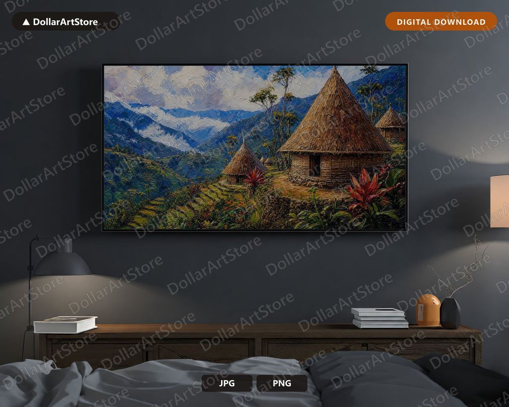Cozy Highland Village Frame TV Art, Papua New Guinea Landscape, Samsung Frame TV 4K Digital Download