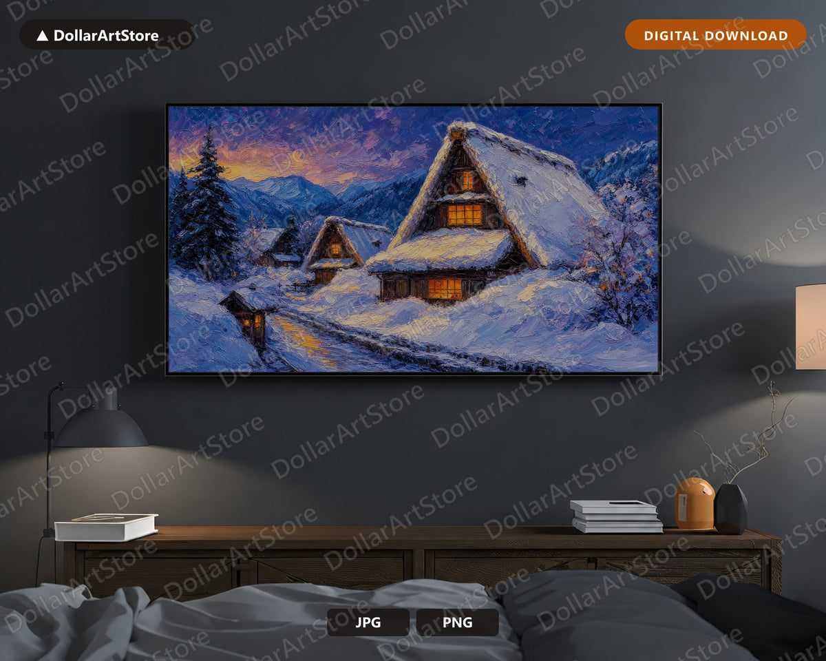 Cozy Winter Frame TV Art, Snow Mountain Cottage Landscape, Samsung Frame TV 4K Digital Download
