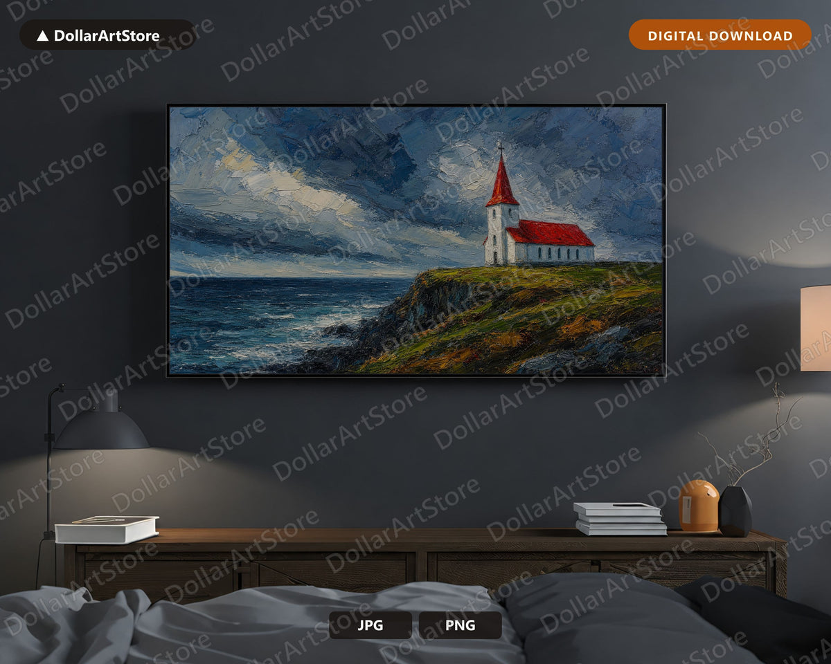 Arctic Church Frame TV Art, Textured Coastal Landscape Samsung Frame TV Digital Download 4K