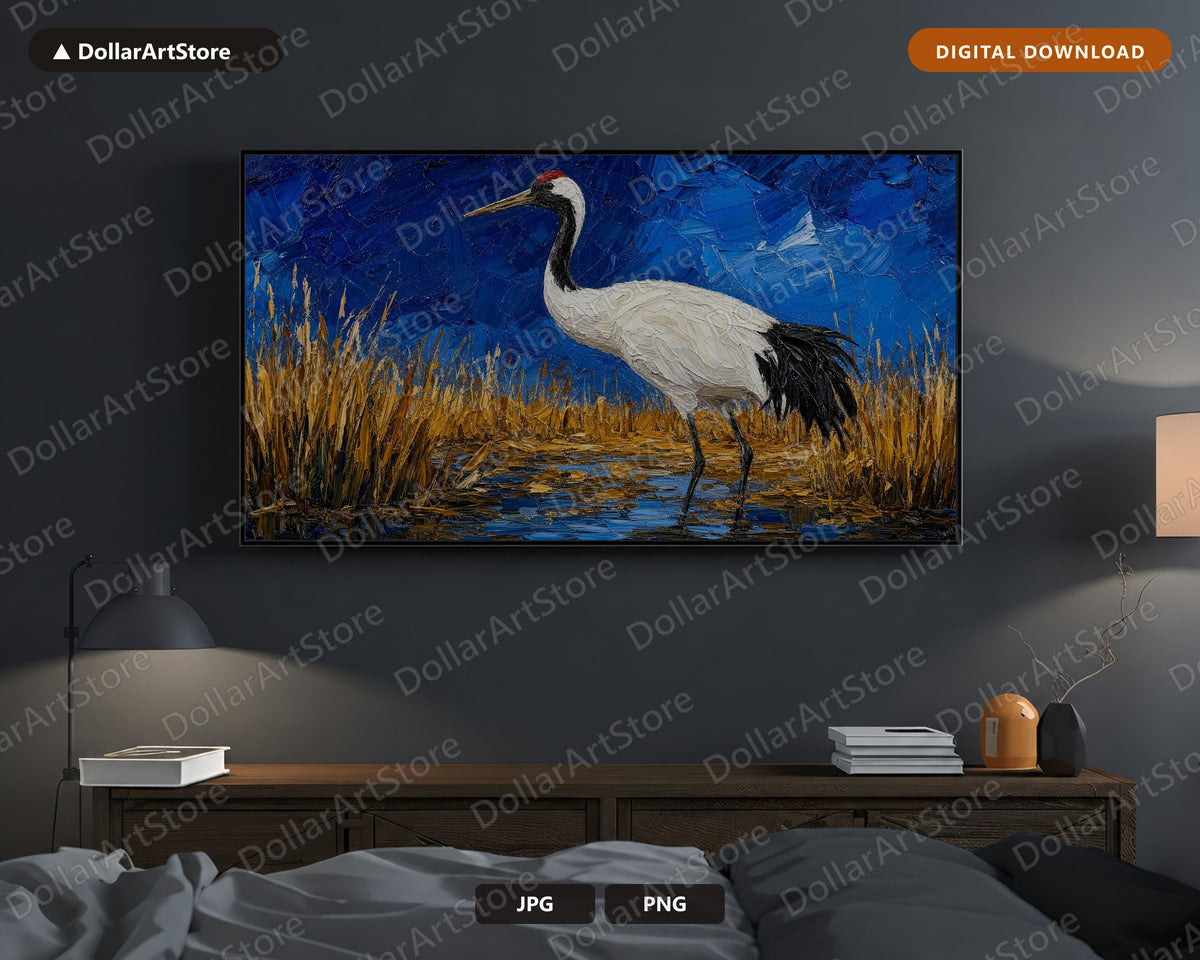 Cozy Crane Frame TV Art, Samsung Frame TV Digital Download, 4K Textured Bird Scenery