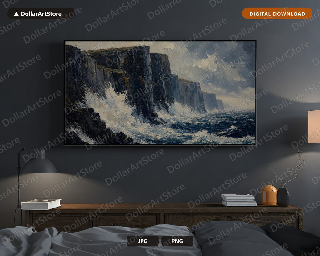 Moody Coastal Cliffs Frame TV Art, Samsung Frame TV Digital Download, 4K Textured Seascape Screensaver