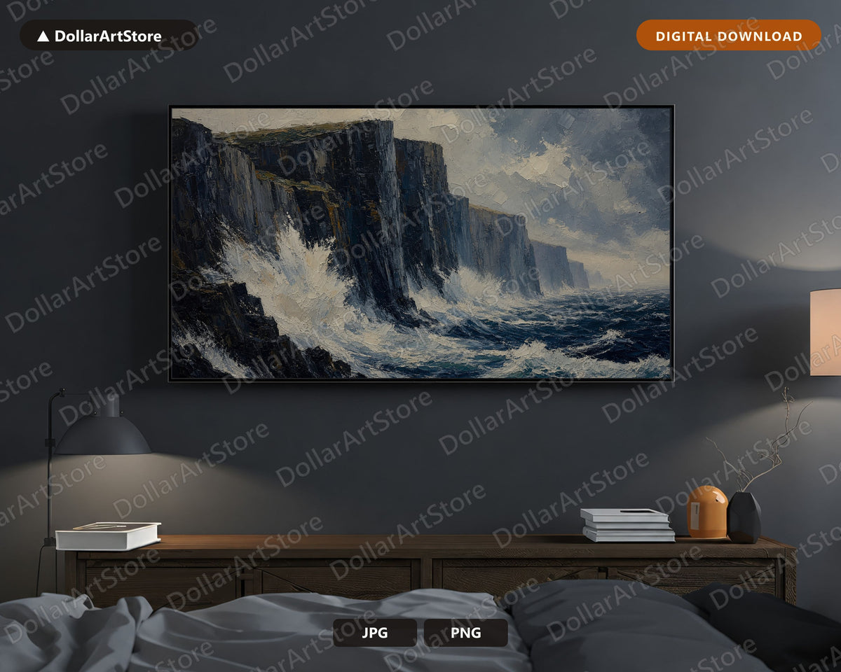 Moody Coastal Cliffs Frame TV Art, Samsung Frame TV Digital Download, 4K Textured Seascape Screensaver