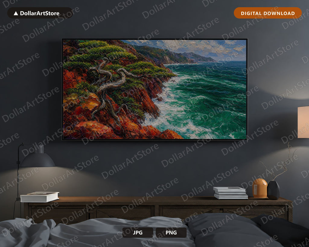 Cozy Coastal Frame TV Art, Wind-Swept Costa Brava Cliffs, Samsung Frame TV Digital Download, 4K