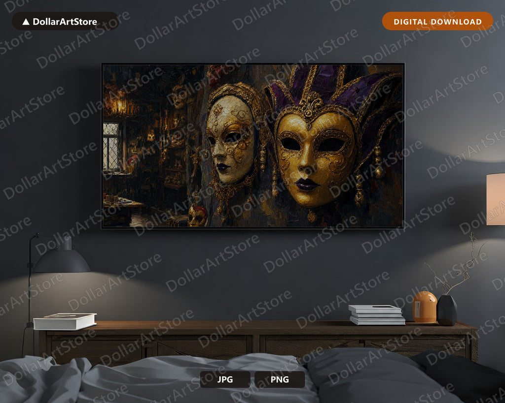 Venetian Mask Workshop Frame TV Art, Moody Dark Gold Samsung Frame TV Digital Download 4K