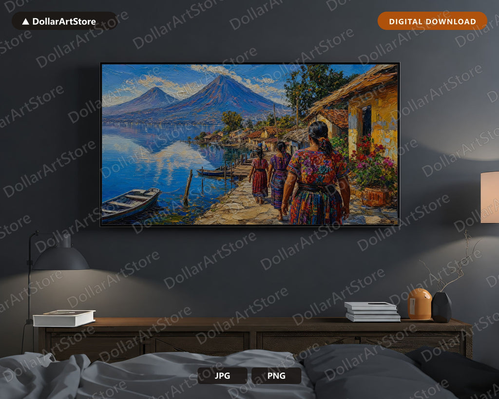 Cozy Lake Village Frame TV Art, Samsung Frame TV Digital Download, 4K Scenic Landscape Screensaver