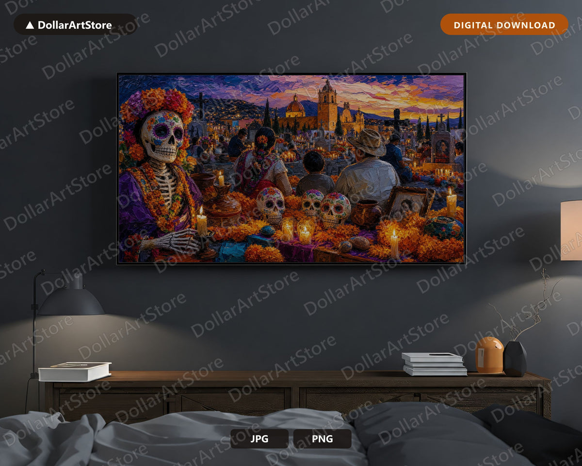 Day of the Dead Cemetery Frame TV Art, Textured Landscape Samsung Frame TV Digital Download 4K