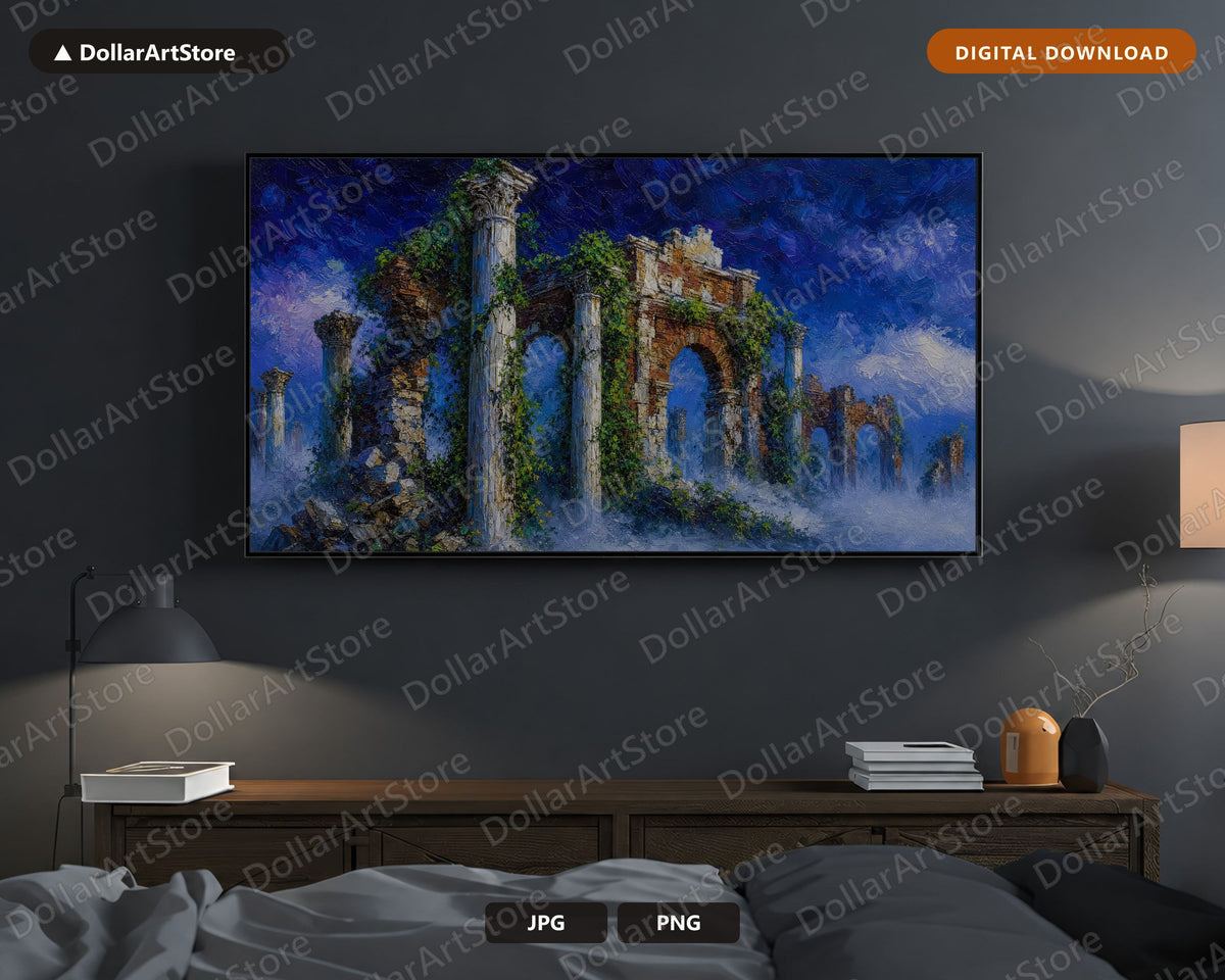 Cozy Scenery Frame TV Art, Roman Ruins Evening Mist, Samsung Frame TV Digital Download 4K