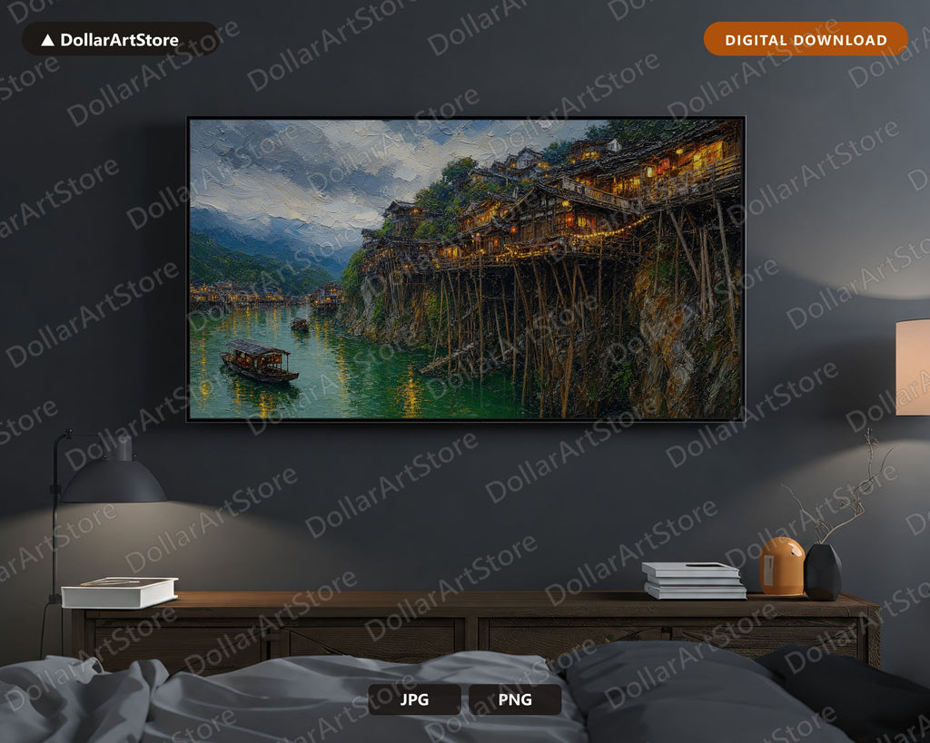 Cozy East Asia Village Frame TV Art, Samsung Frame TV Digital Download, 4K Textured Scenery