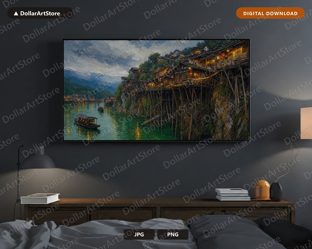 Cozy East Asia Village Frame TV Art, Samsung Frame TV Digital Download, 4K Textured Scenery