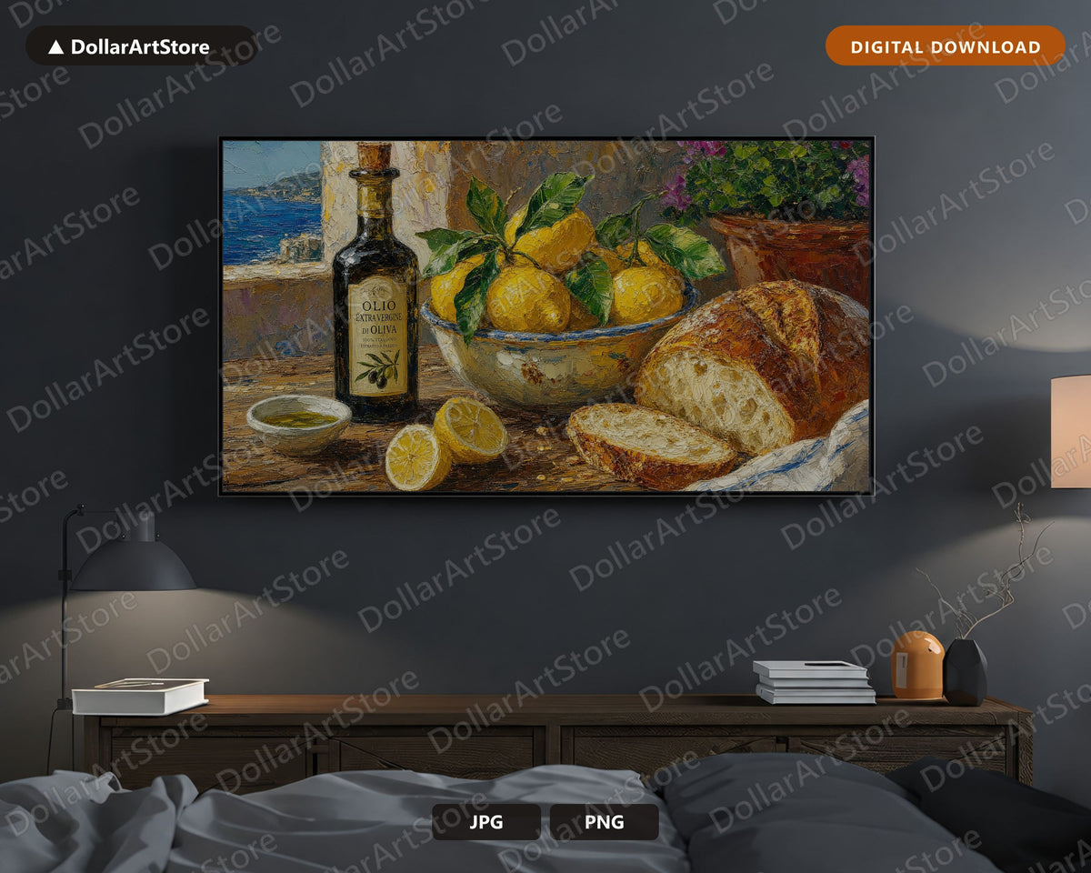 Cozy Mediterranean Table Frame TV Art, Samsung Frame TV Digital Download, 4K Textured Coastal Scenery