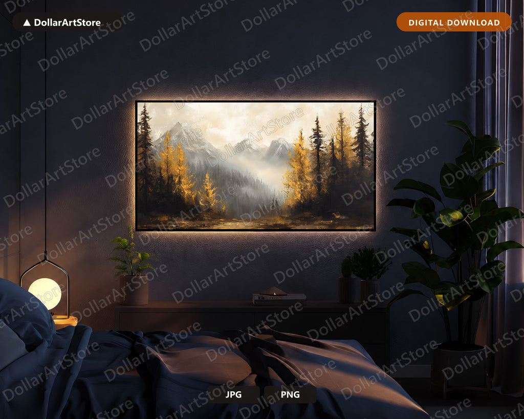Moody Autumn Landscape Frame TV Art, Misty Mountains Golden Larch, Samsung TV Digital Download 4K