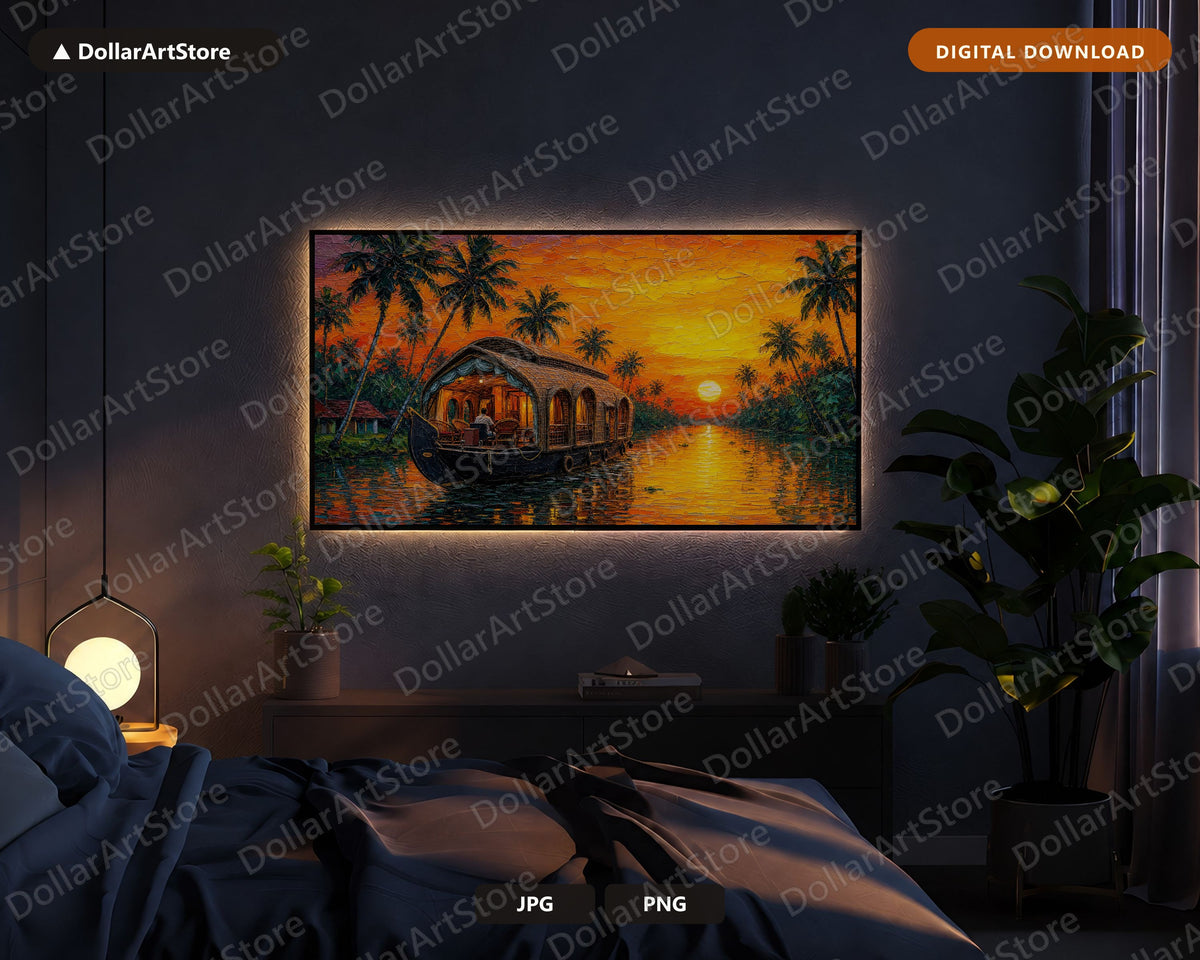 Cozy Tropical Houseboat Frame TV Art, Samsung Frame TV Screensaver, 4K Scenic Sunset Digital Download