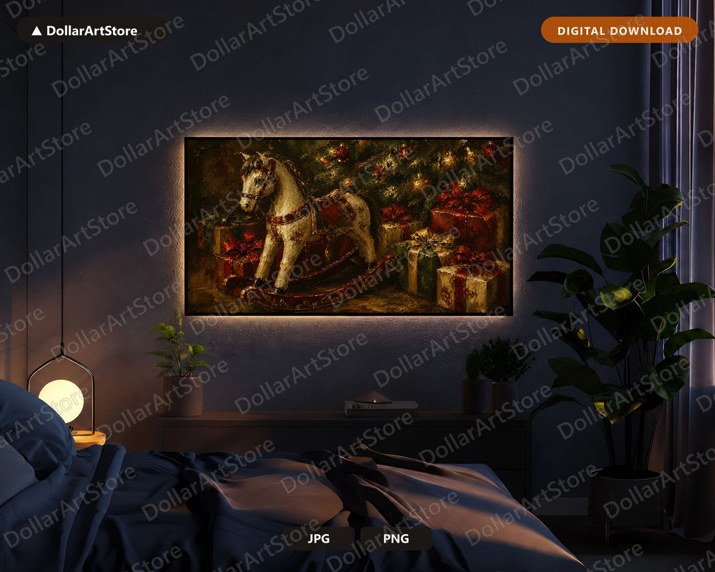 Cozy Holiday Frame TV Art, Rocking Horse Christmas Screensaver, Samsung Frame TV 4K Digital Download