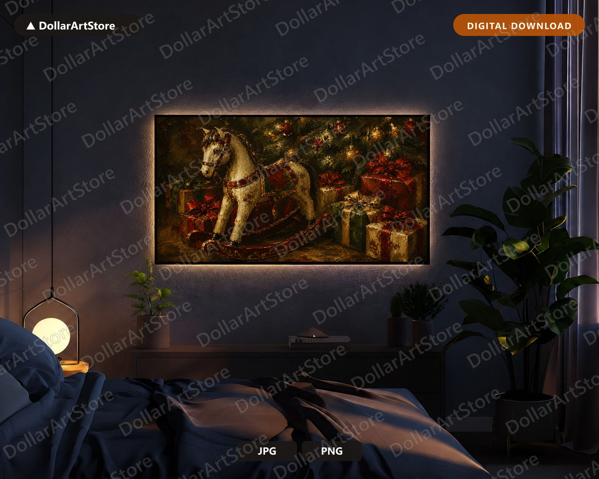 Cozy Holiday Frame TV Art, Rocking Horse Christmas Screensaver, Samsung Frame TV 4K Digital Download
