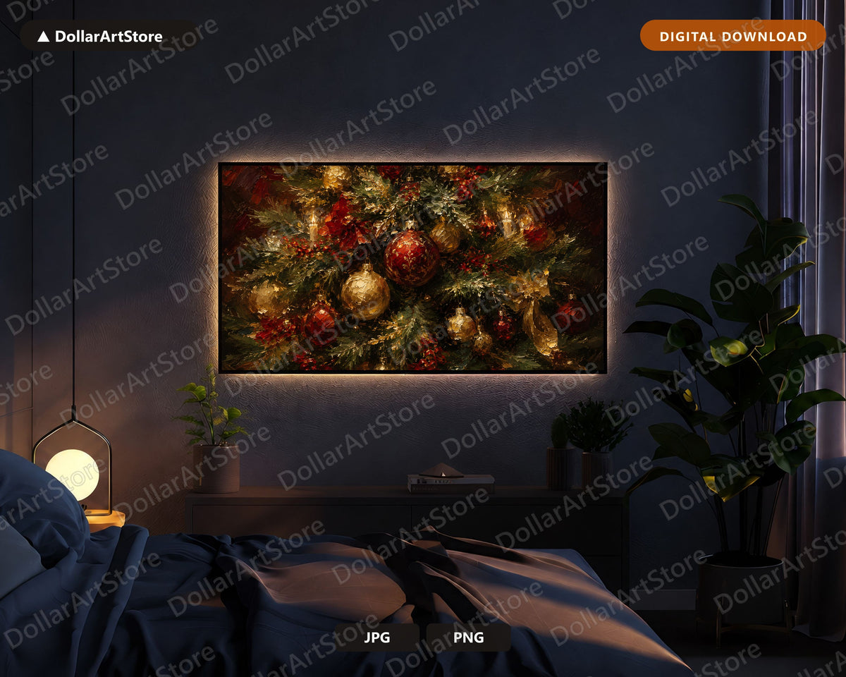 Cozy Holiday Samsung Frame TV Art, Red Gold Green Evergreen Christmas Garland