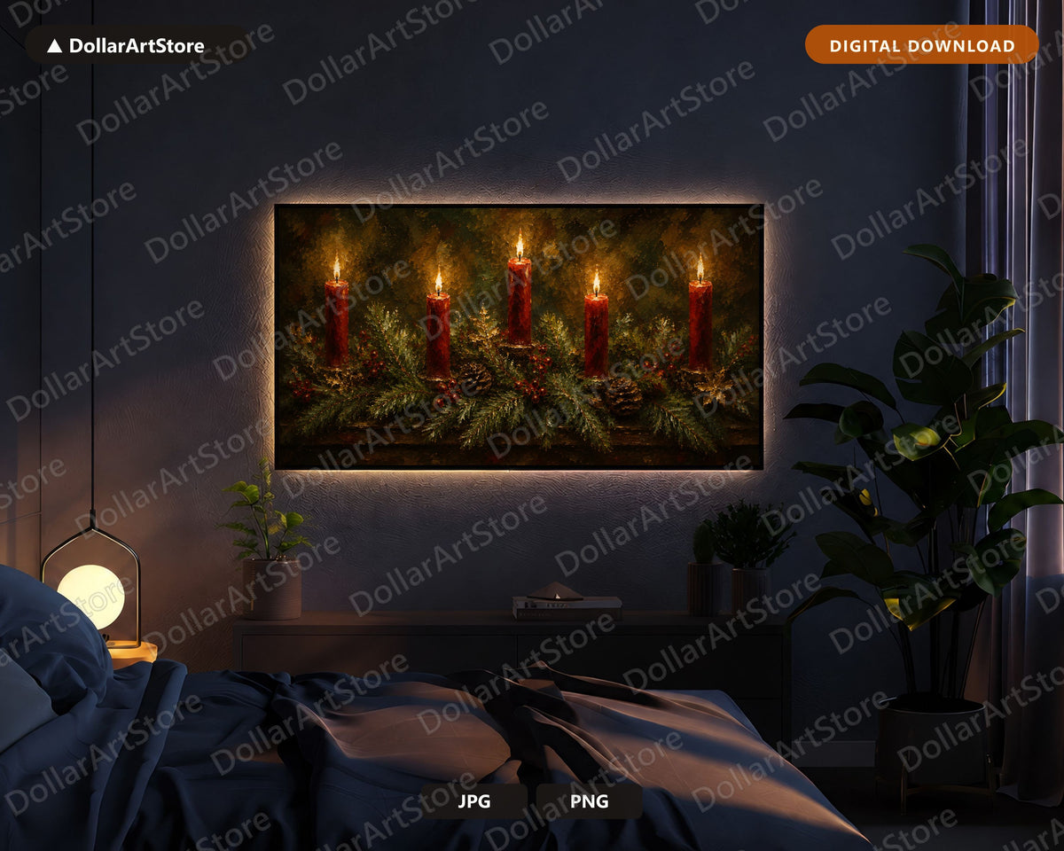 Cozy Holiday Frame TV Art, Christmas Candles Samsung Frame TV Digital Download, 4K Textured Festive Screensaver