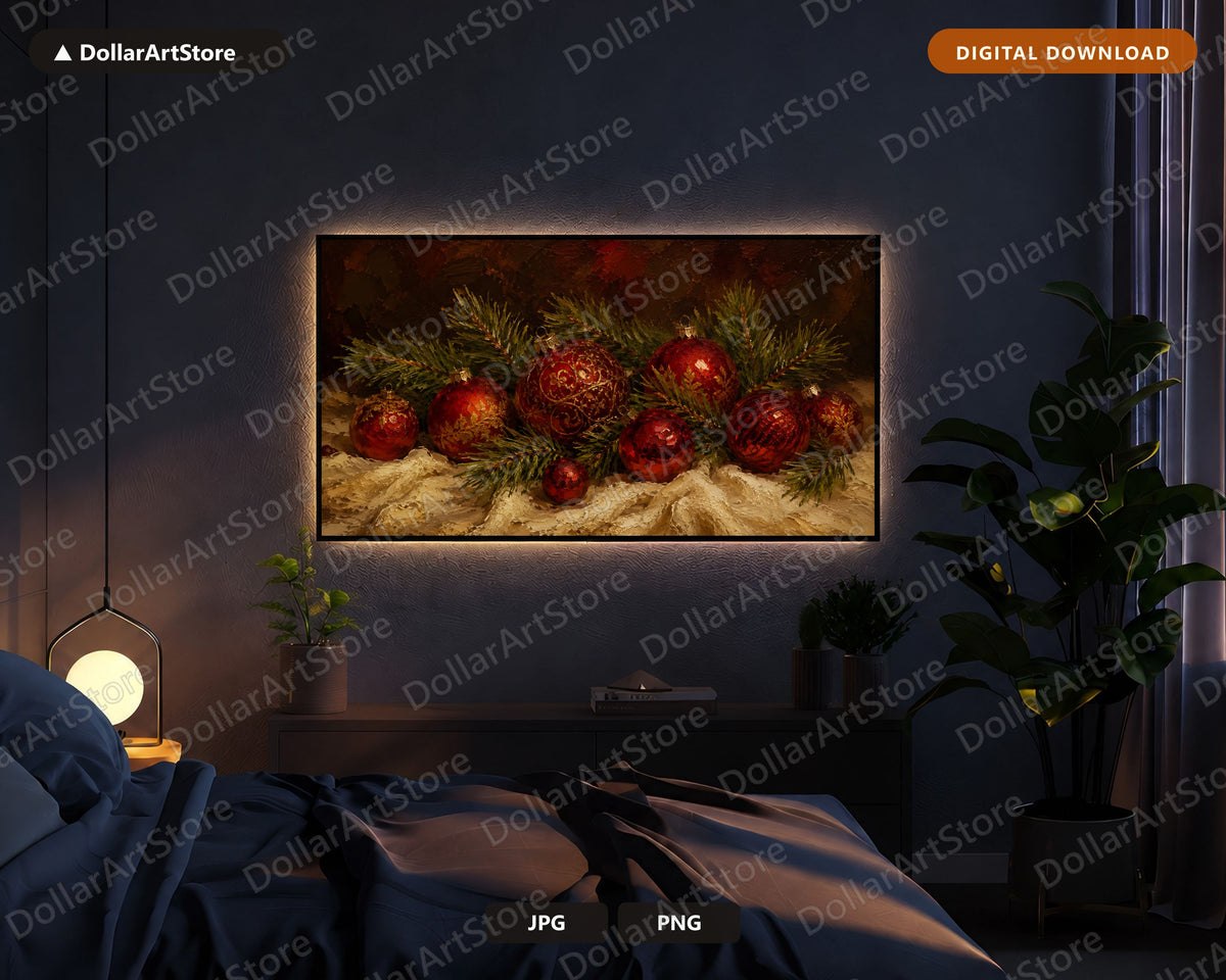 Cozy Holiday Frame TV Art, Red & Gold Christmas Ornaments, Samsung Frame TV 4K Digital Download