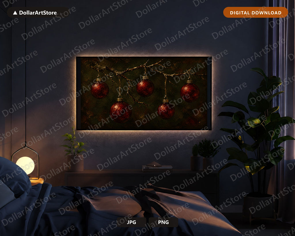 Cozy Holiday Frame TV Art, Red Ornaments Christmas Samsung Frame TV Digital Download 4K