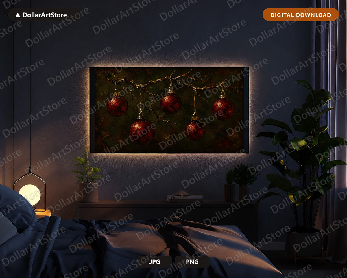 Cozy Holiday Frame TV Art, Red Ornaments Christmas Samsung Frame TV Digital Download 4K