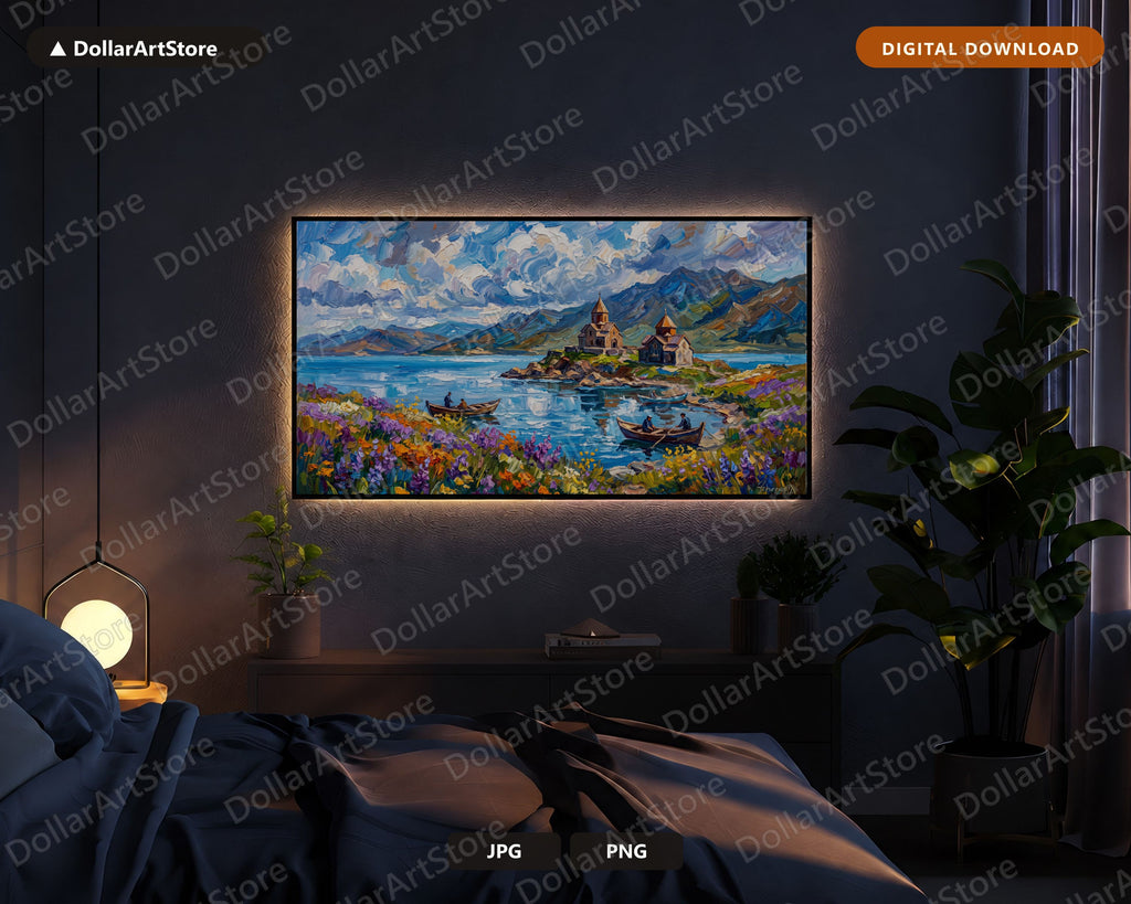 Cozy Mountain Lake Sevan Armenia Frame TV Art, Samsung Frame TV , 4K Textured Landscape