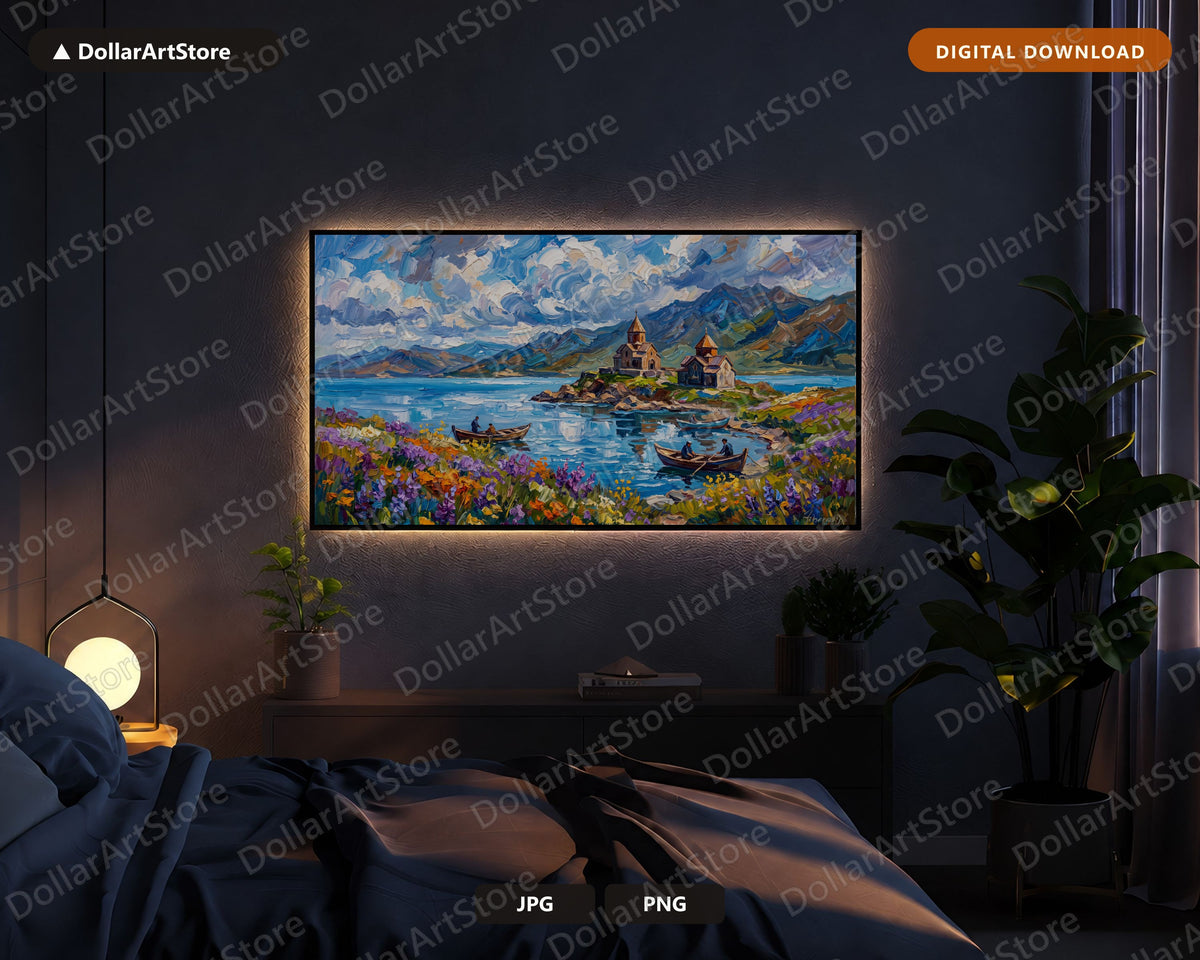 Cozy Mountain Lake Sevan Armenia Frame TV Art, Samsung Frame TV , 4K Textured Landscape