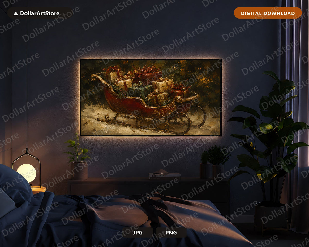Cozy Holiday Frame TV Art, Christmas Sleigh Samsung Frame TV Digital Download 4K