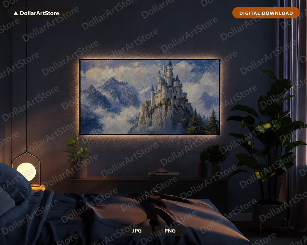 Cozy Castle Landscape Frame TV Art, Samsung Frame TV Digital Download, 4K Textured Mountain Scenery