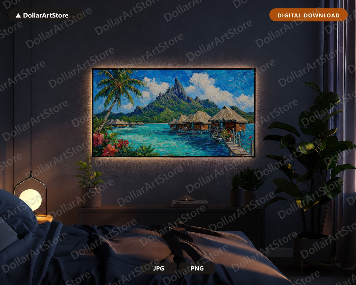 Tropical Overwater Bungalows Frame TV Art, Cozy Island Scenery Samsung TV Download, 4K Landscape Screensaver