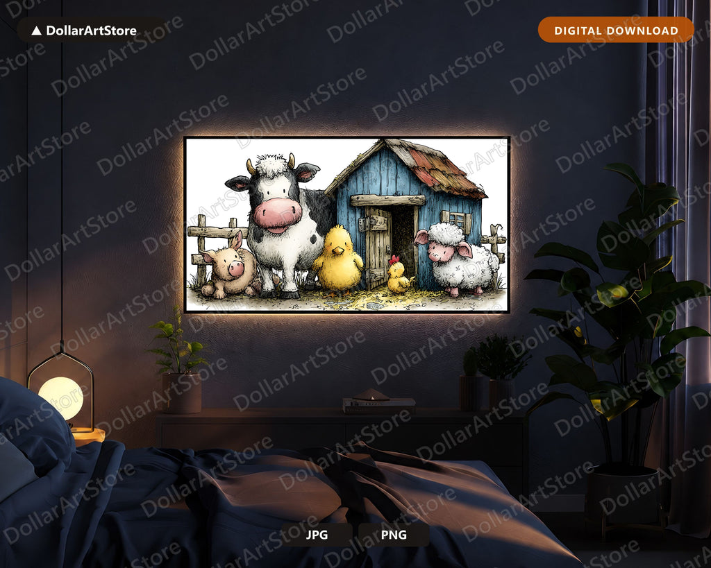 Cute Farm Animals Frame TV Art, Samsung Frame TV Digital Download, 4K Barn Scene