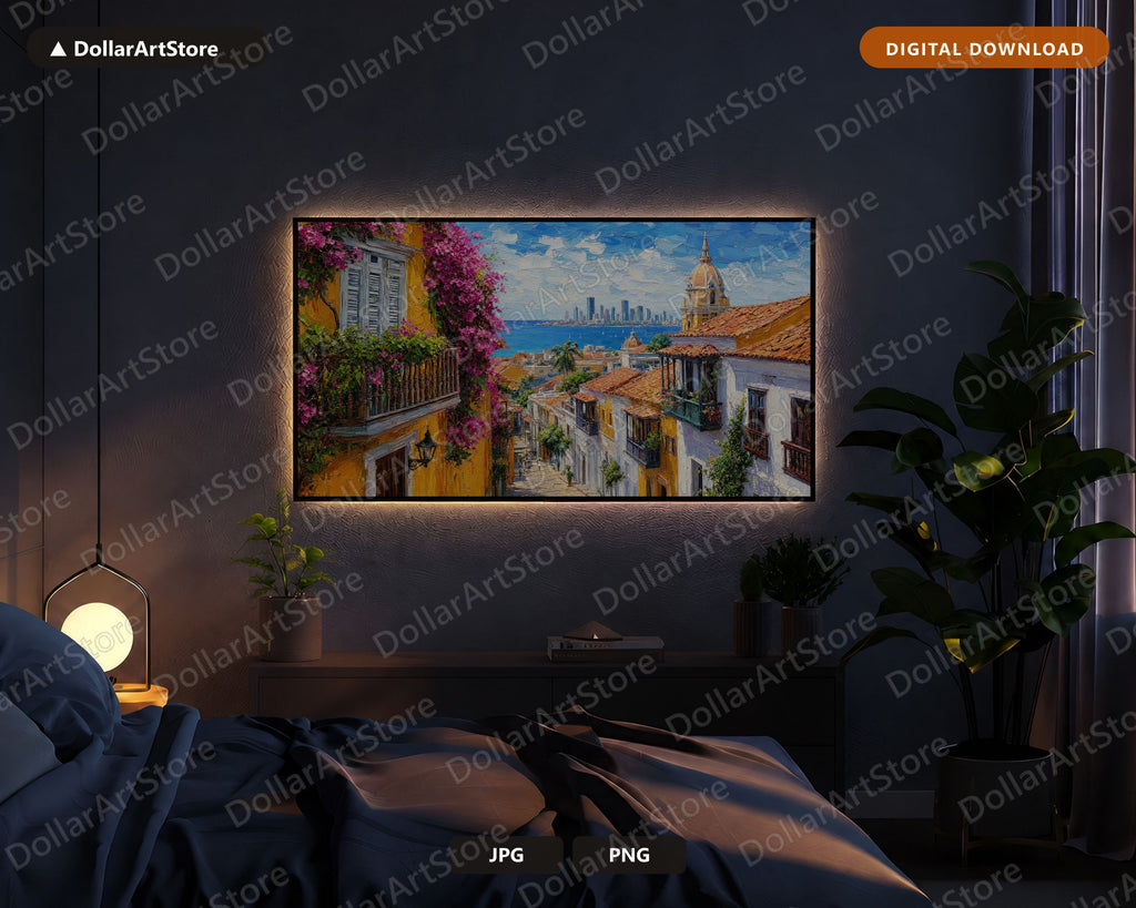 Vibrant Colonial Street Frame TV Art, Samsung Frame TV Digital Download, 4K Textured Coastal Screensaver