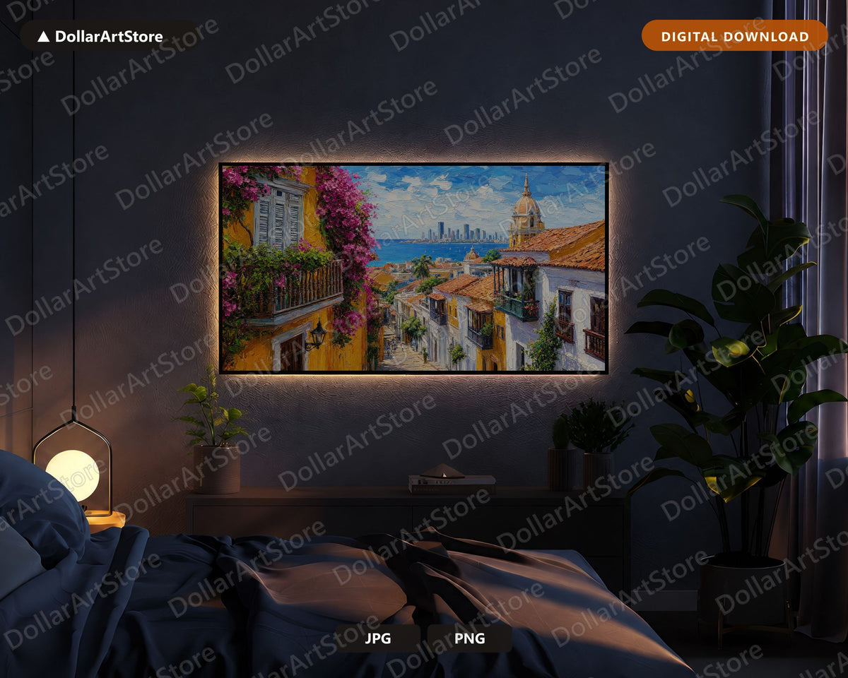 Vibrant Colonial Street Frame TV Art, Samsung Frame TV Digital Download, 4K Textured Coastal Screensaver