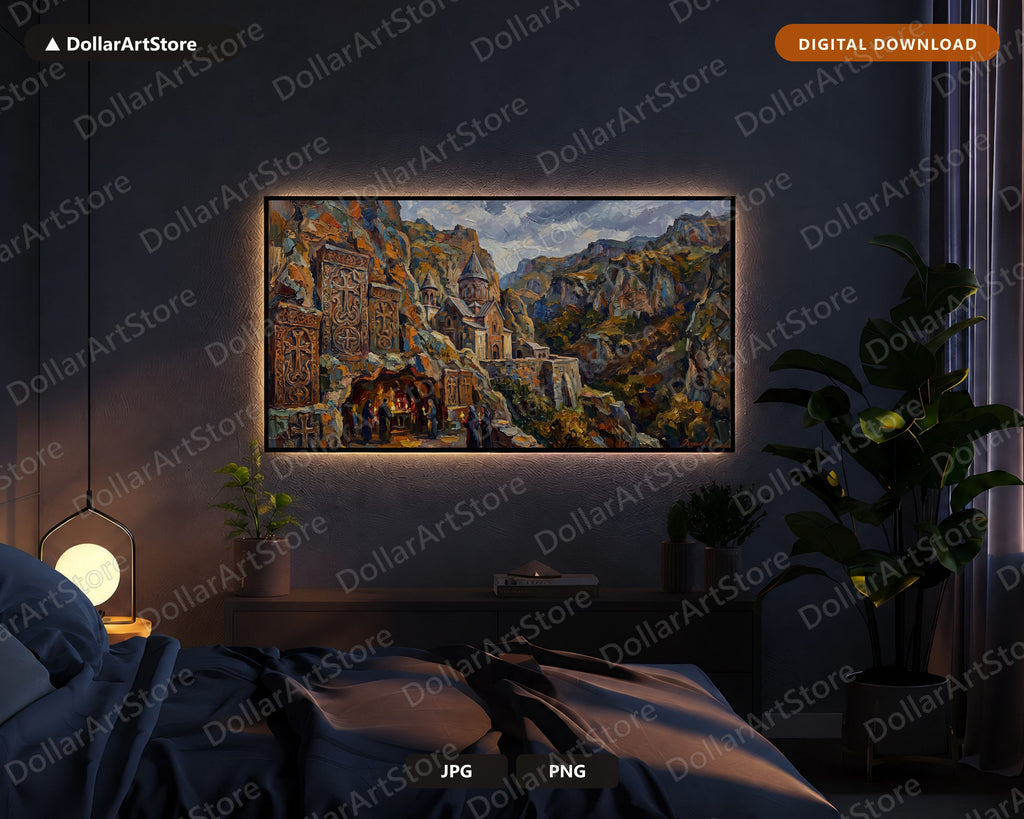 Cozy Monastery Frame TV Art, Armenian Cave Church Landscape, Samsung Frame TV Digital Download, 4K Textured Scenery Art