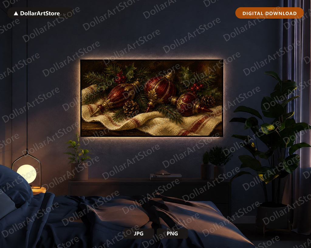 Cozy Christmas Frame TV Art, Red Gold Ornaments Samsung Frame Digital Download 4K