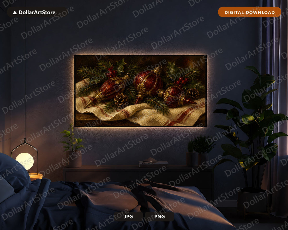 Cozy Christmas Frame TV Art, Red Gold Ornaments Samsung Frame Digital Download 4K