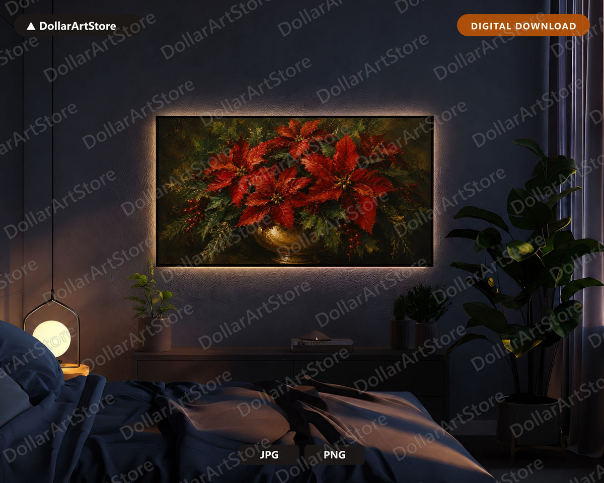 Cozy Holiday Poinsettia Frame TV Art, Samsung Frame TV 4K Digital Download, Textured Christmas Screensaver