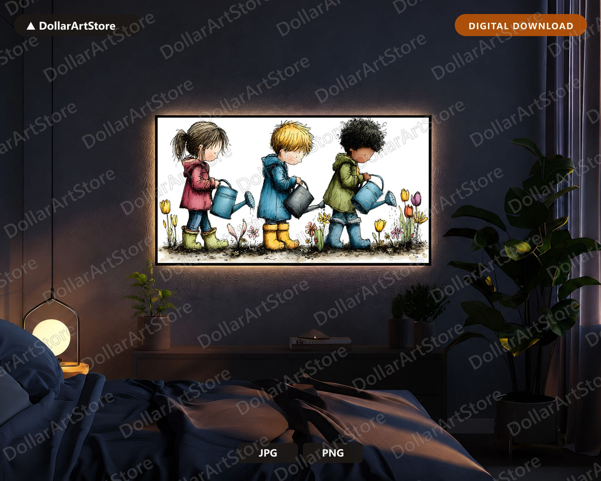 Cute Kids Gardening Frame TV Art, Samsung Frame TV Digital Download, Whimsical 4K TV Screensaver